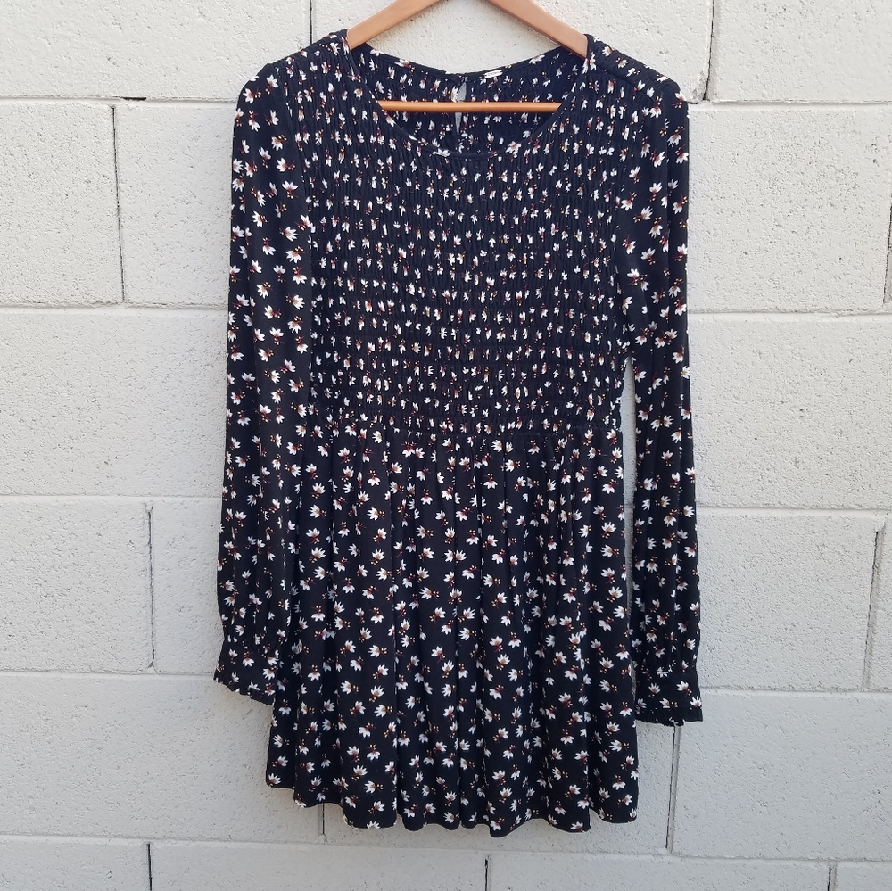 Free People | Smocked Fall Floral Black Mini Dress